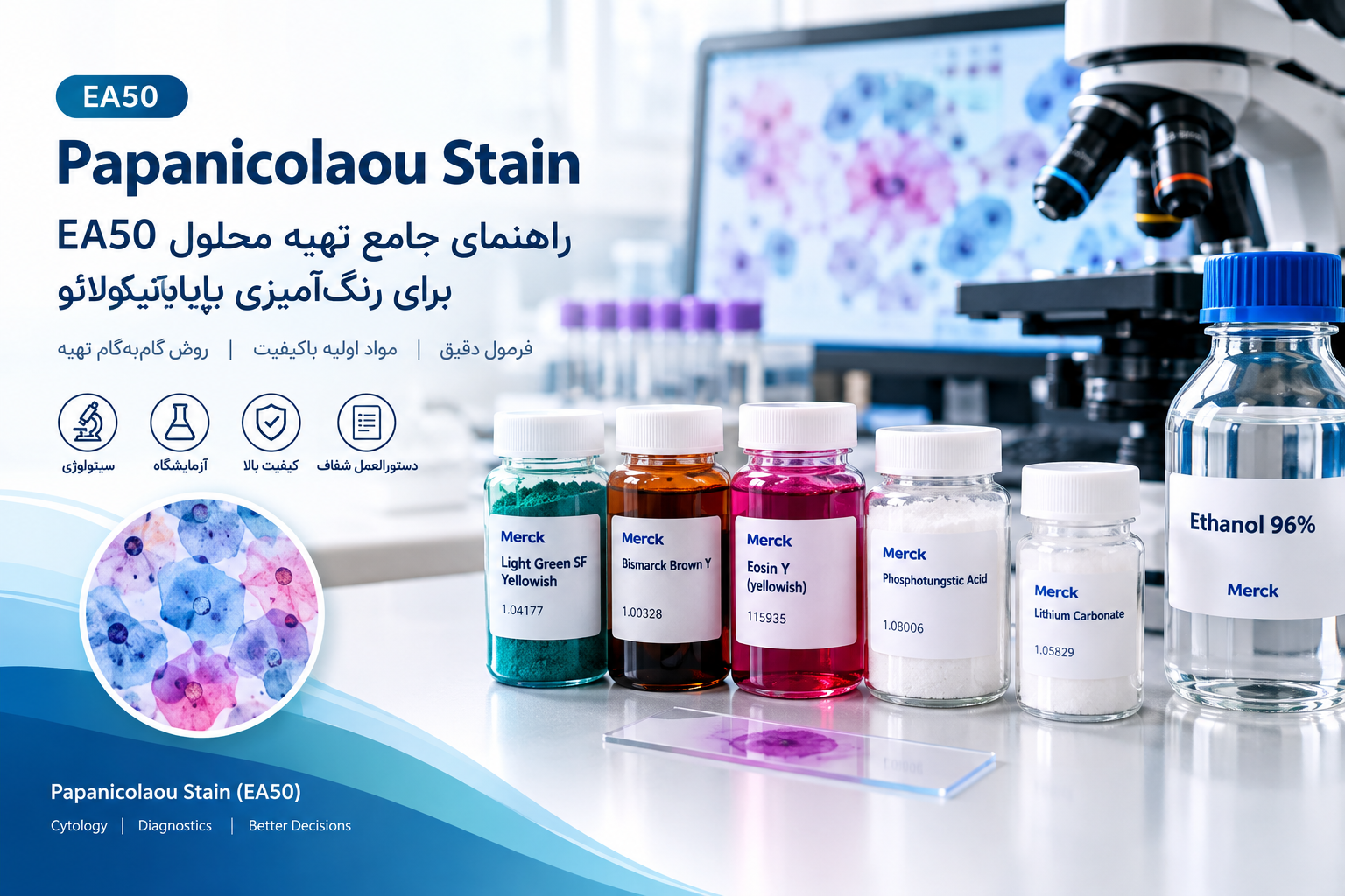محلول EA50 و رنگ‌های ائوزین Y و لایت گرین مورد استفاده در رنگ‌آمیزی پاپانیکولائو در آزمایشگاه پاتولوژی